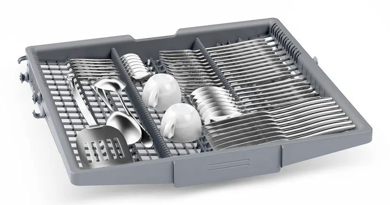 Dishwasher basket with two cups, spoons, forks, and a spatula.