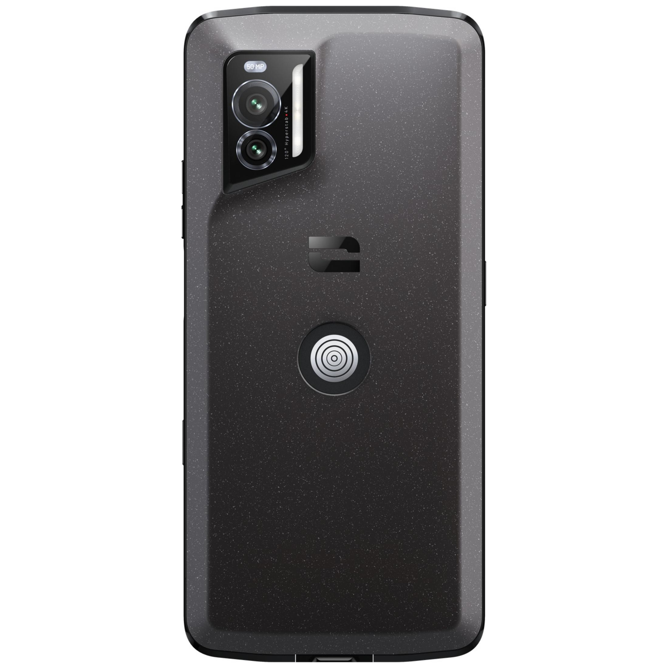 Retro di uno smartphone nero con sistema di fotocamere e logo.