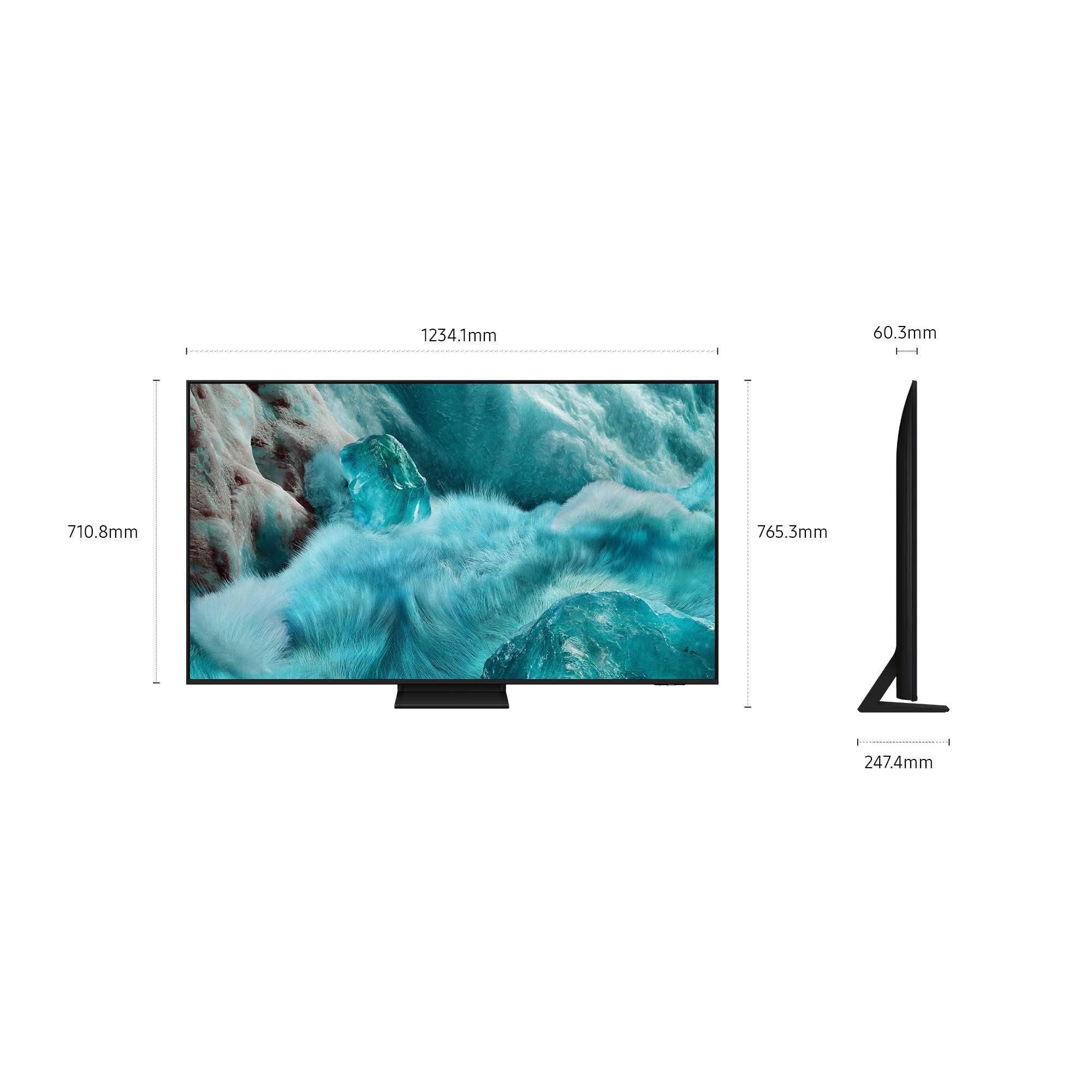 Un TV a schermo piatto che mostra un paesaggio ghiacciato, con dimensioni.