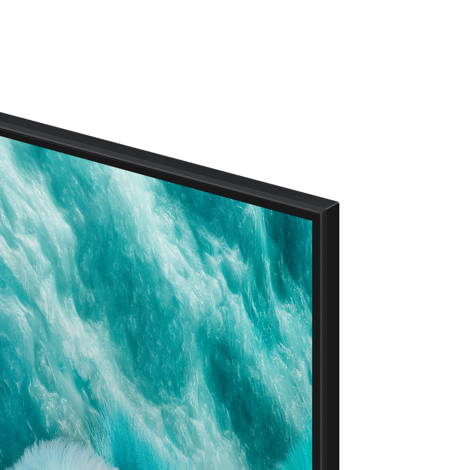 Primo piano di una cornice TV nera con motivo a onde turchesi sullo schermo.