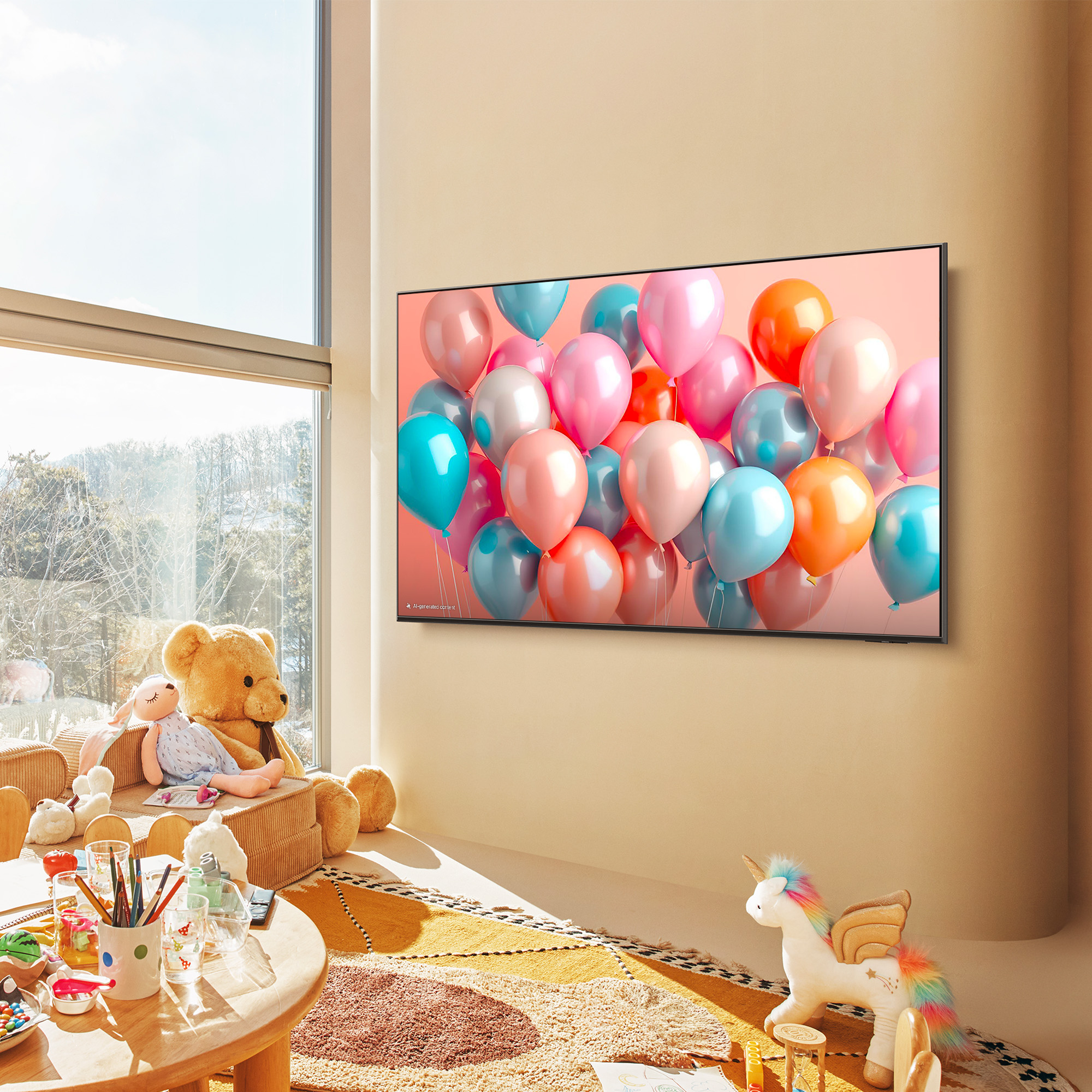 Una TV mostra palloncini colorati su sfondo pastello. Un orsacchiotto è seduto vicino a una finestra.