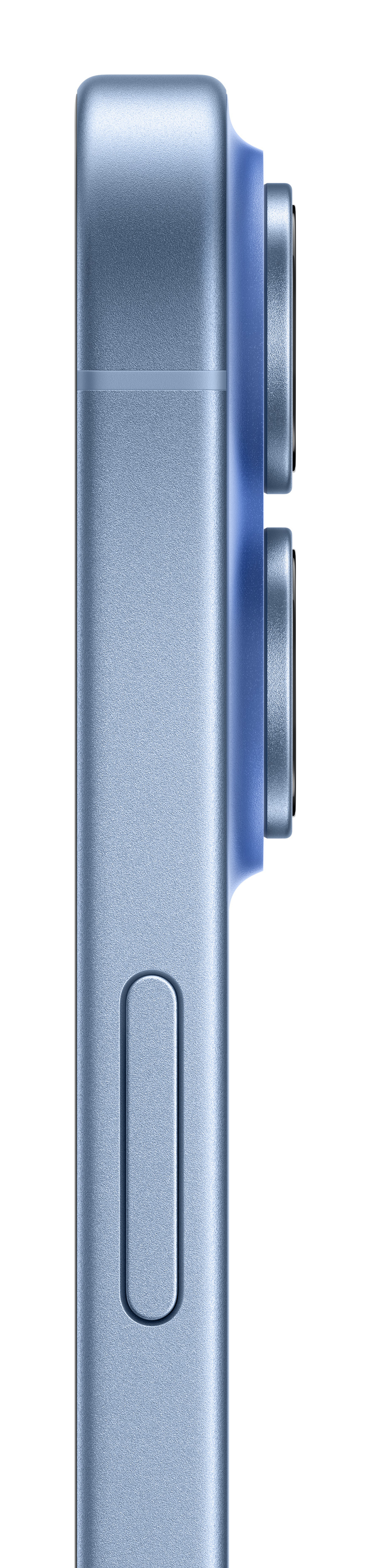 Close-up of a blue smartphone, showing two cameras on the right side.