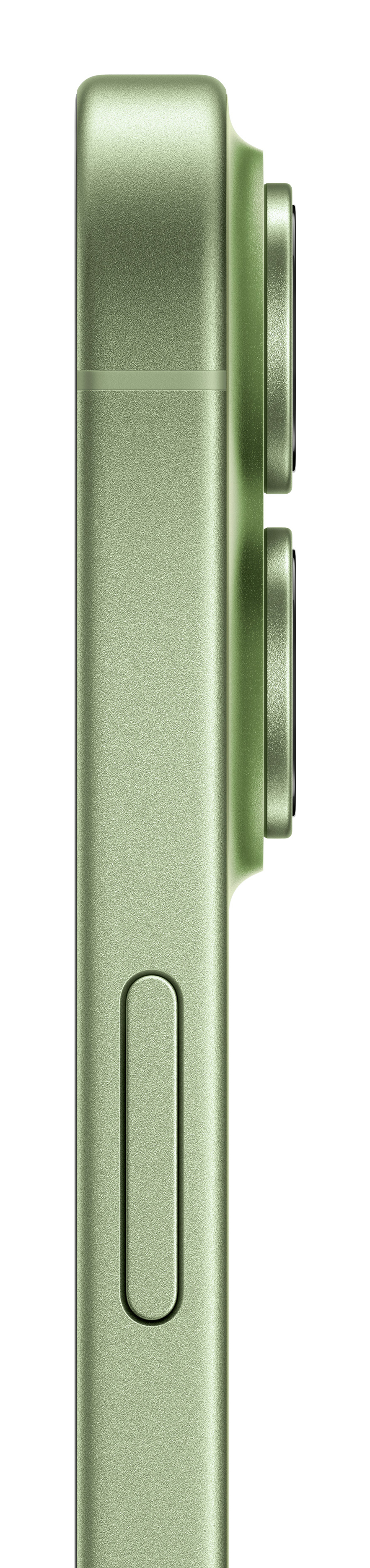 Groene smartphone in profiel met twee camera's en een knop.