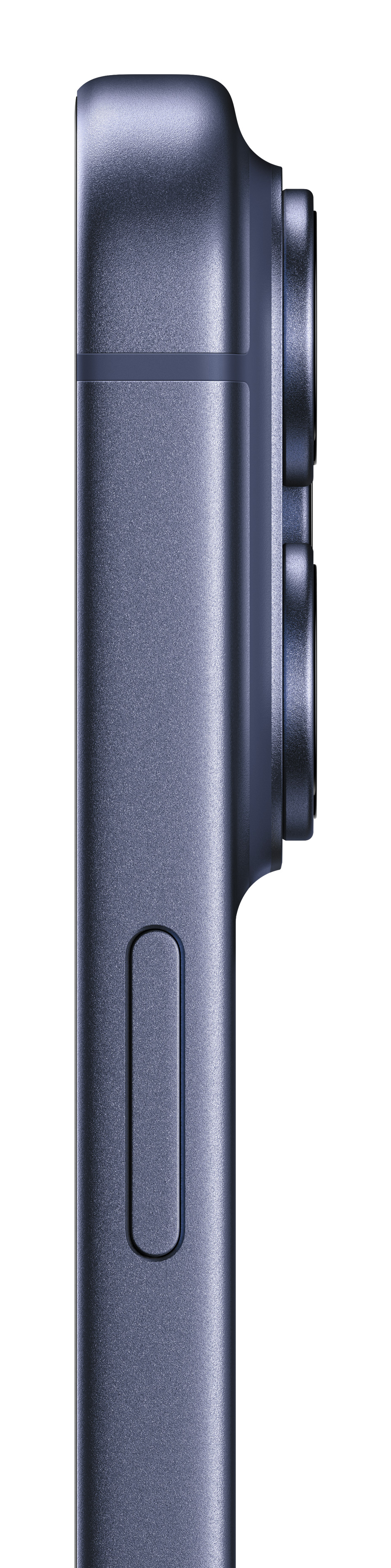 Profilo laterale smartphone blu scuro con tre fotocamere.