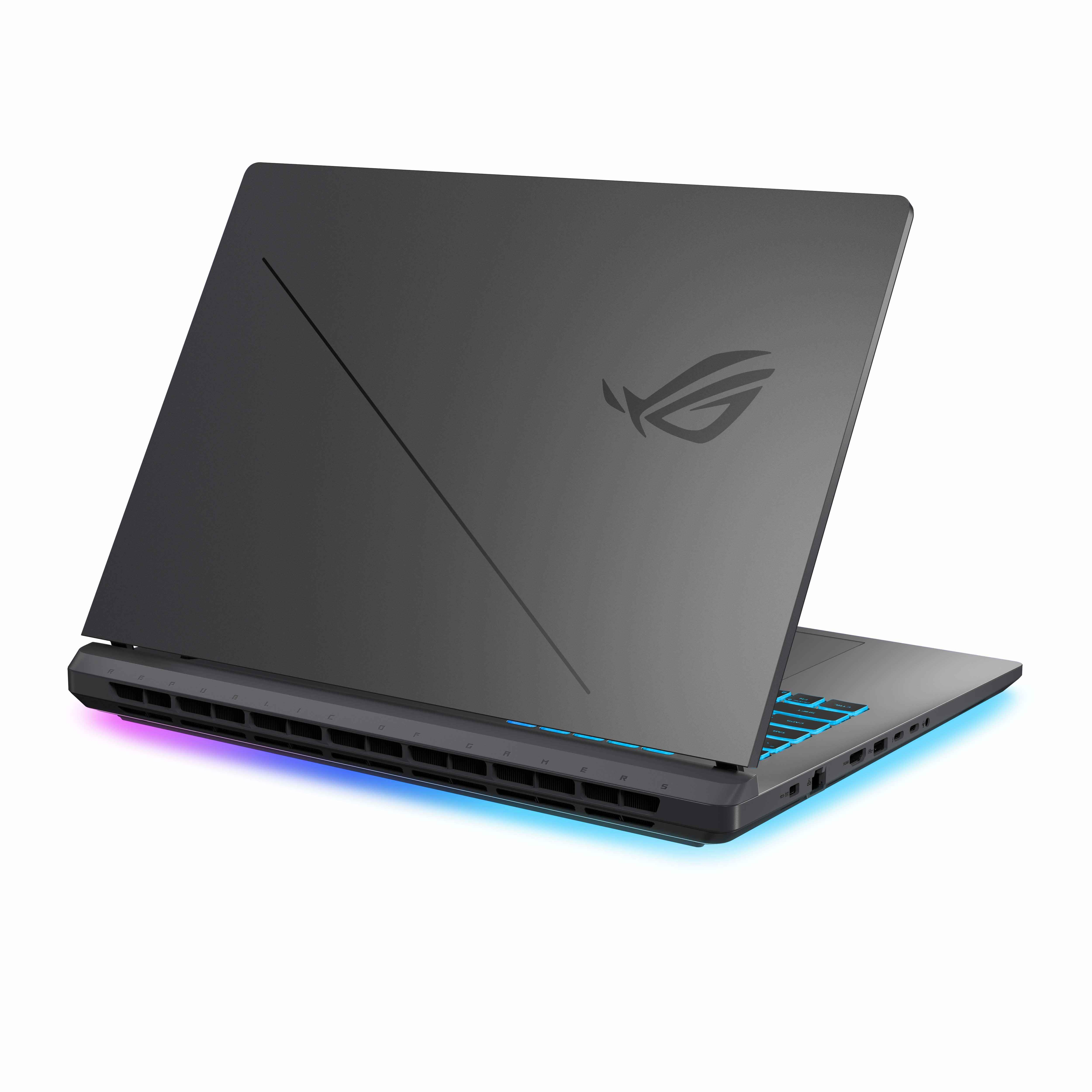 Arkadan aydınlatmalı klavyeli ve RGB aydınlatmalı kapalı, koyu renkli dizüstü bilgisayar.