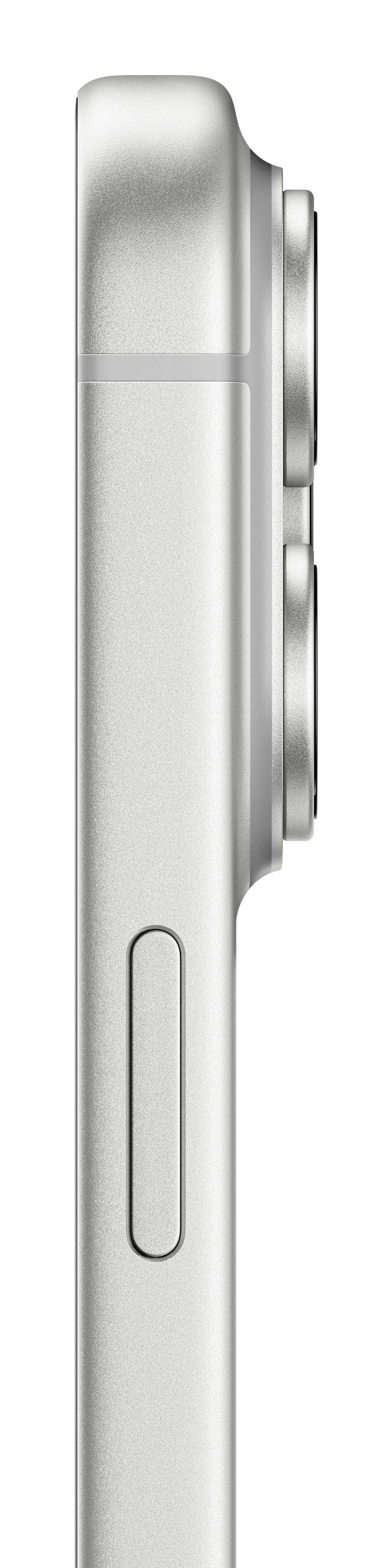 Primo piano del lato di uno smartphone argentato con fotocamere e pulsante.