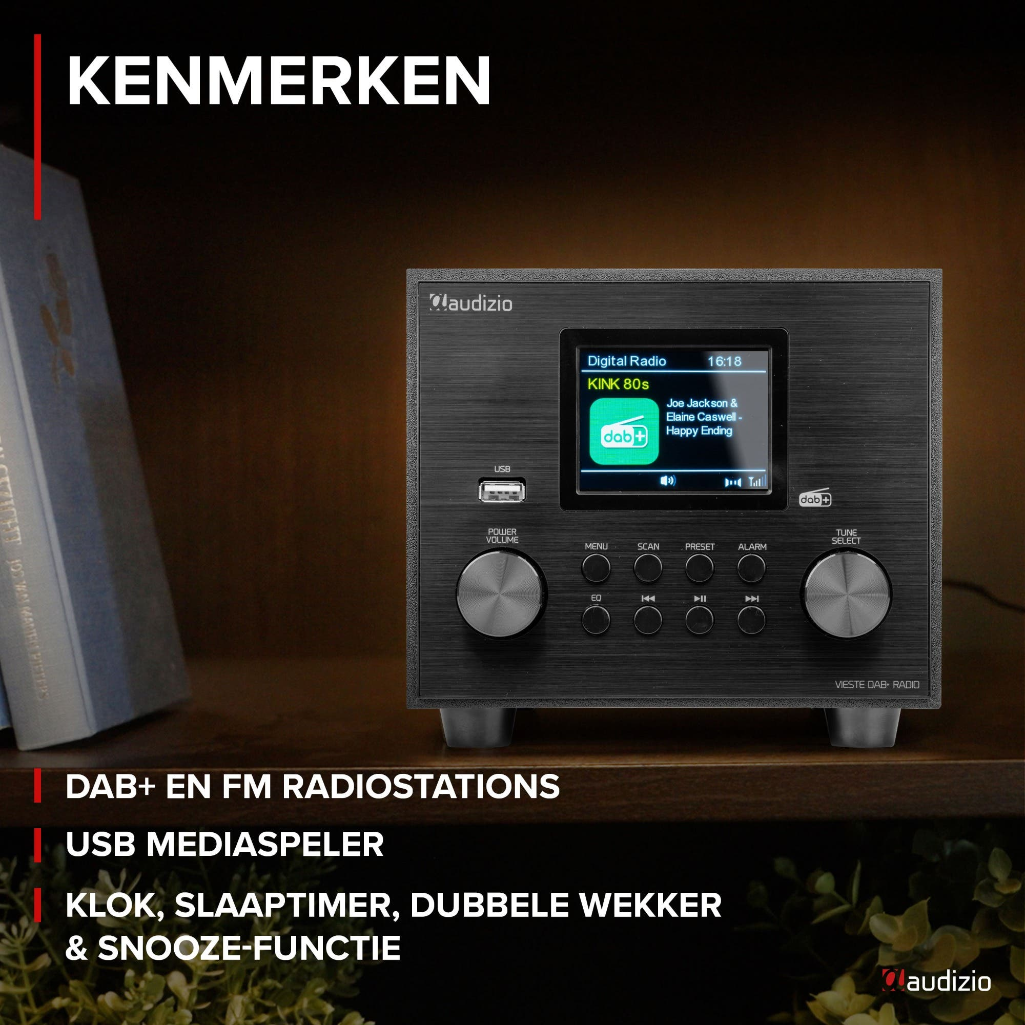 Een zwarte Audizio DAB+ radio met zilveren knoppen en scherm.