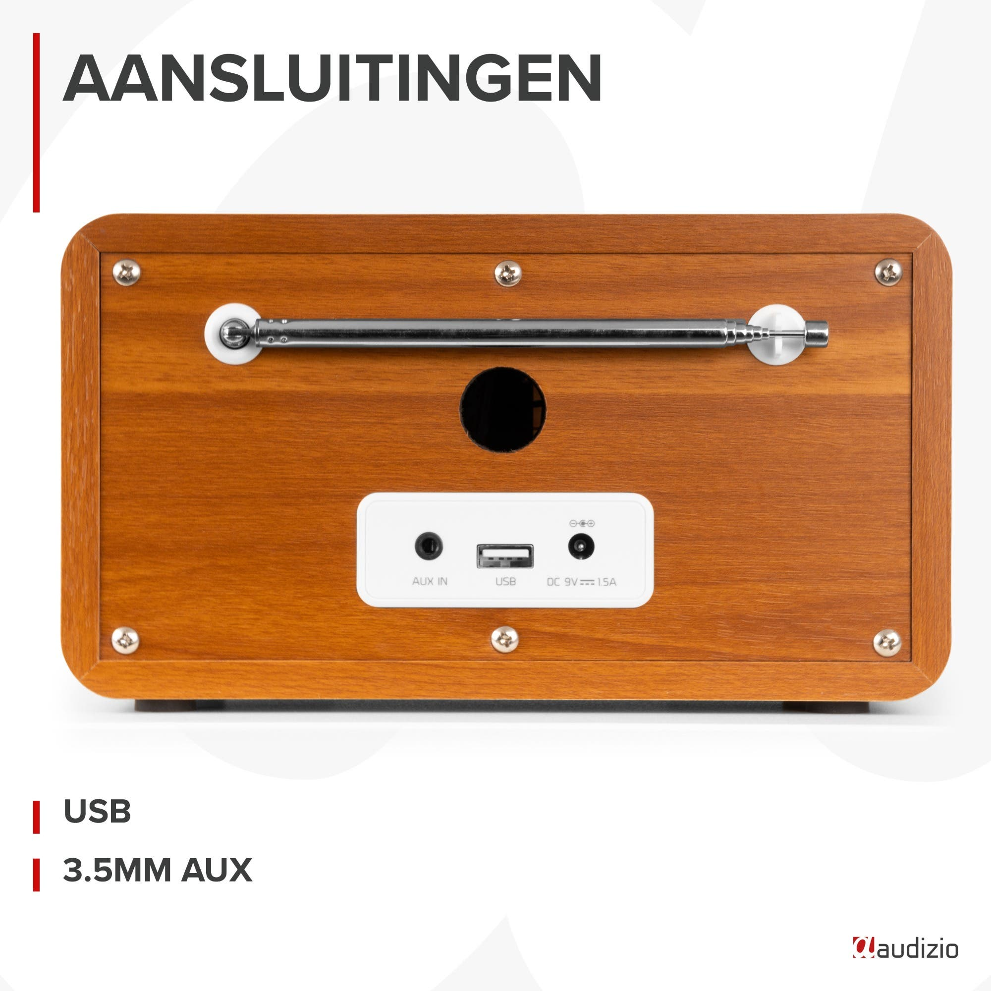 Arrière d'une radio en bois avec antenne extensible, ports USB, AUX et CC.