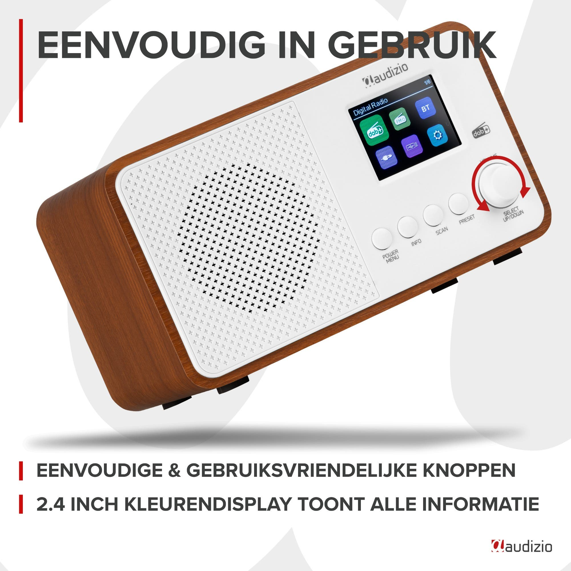 Une radio en bois avec façade blanche, écran couleur et cadran rotatif.