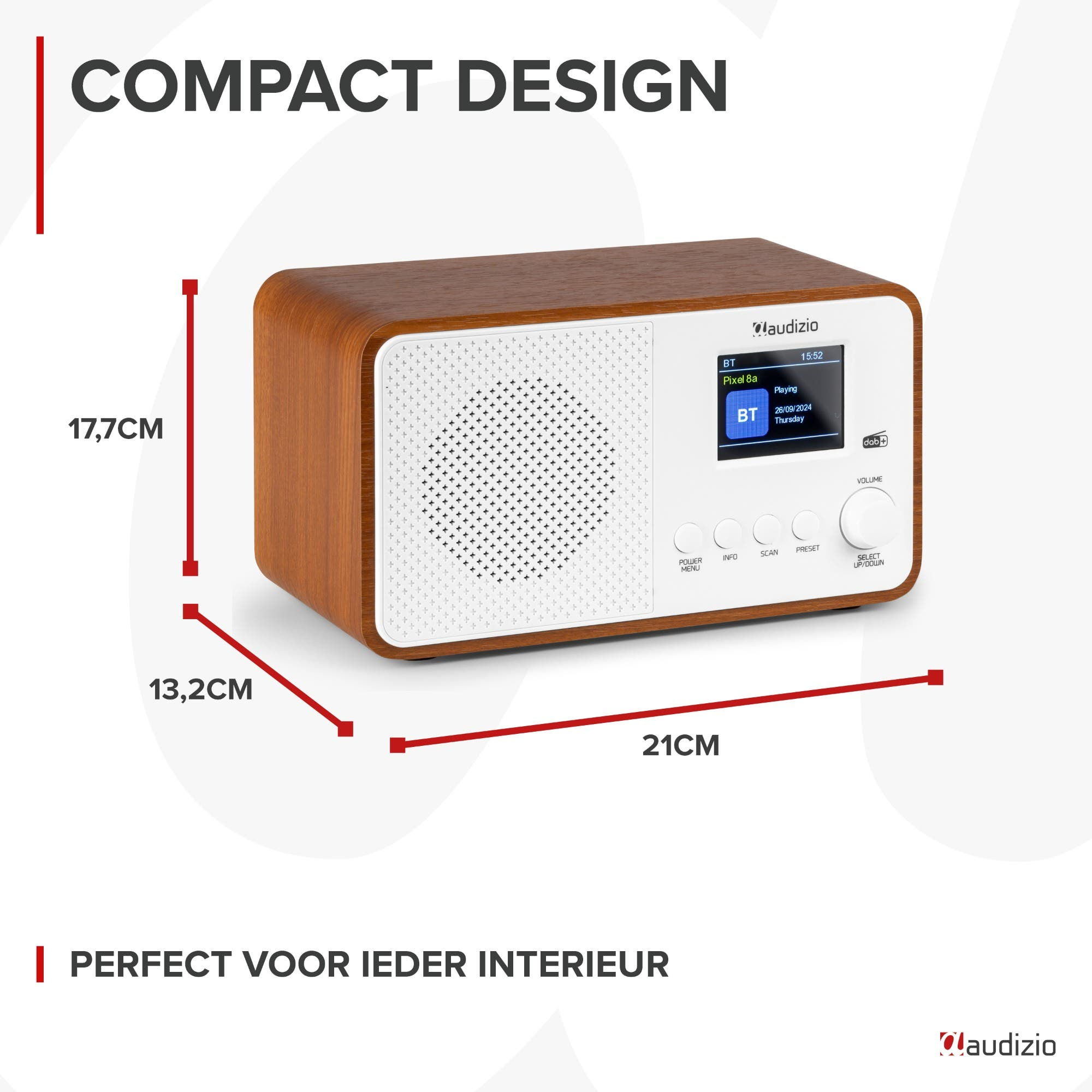 Radio bois compacte avec écran, bouton volume et boutons.