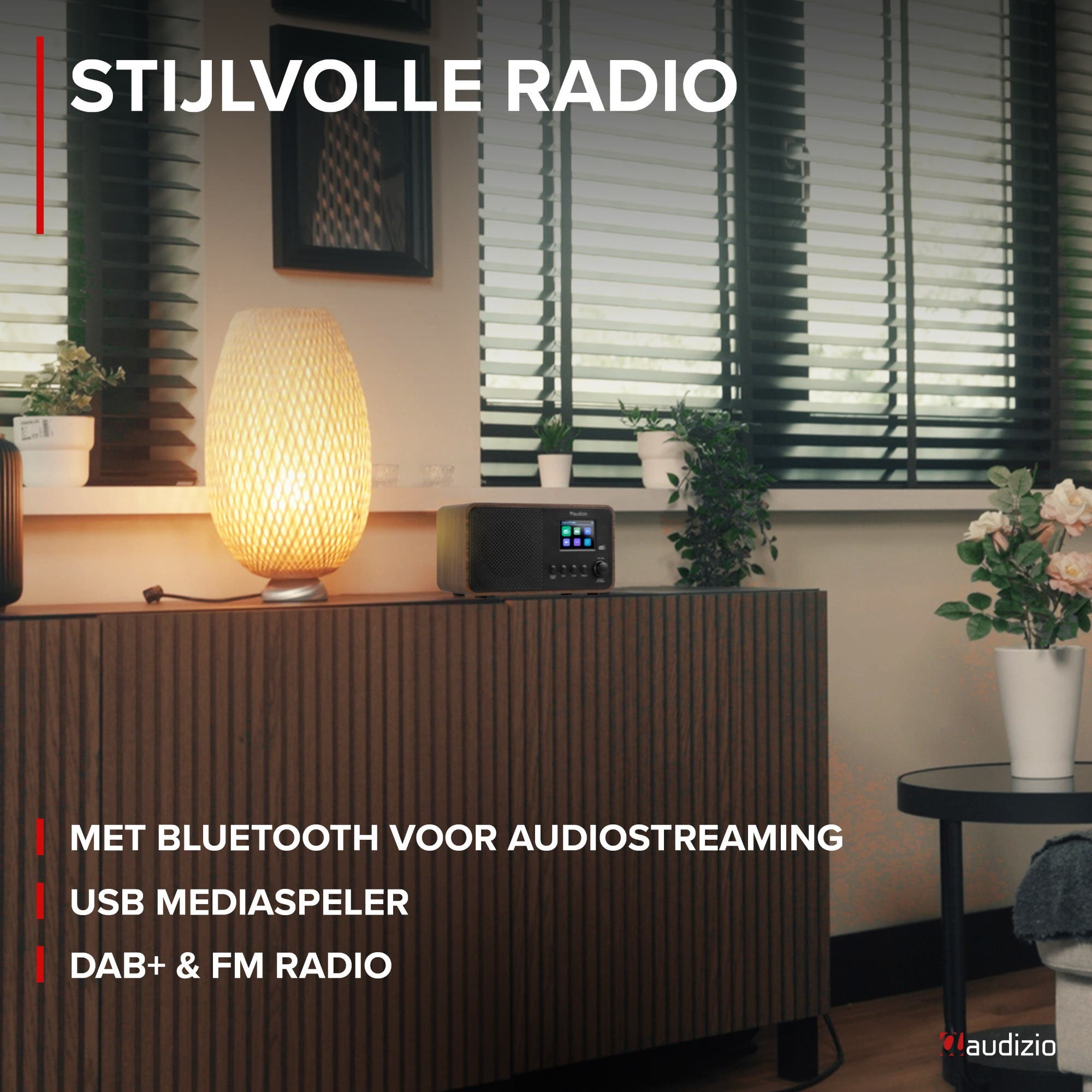 Radio élégante avec Bluetooth, USB et réception DAB+/FM sur un meuble en bois.