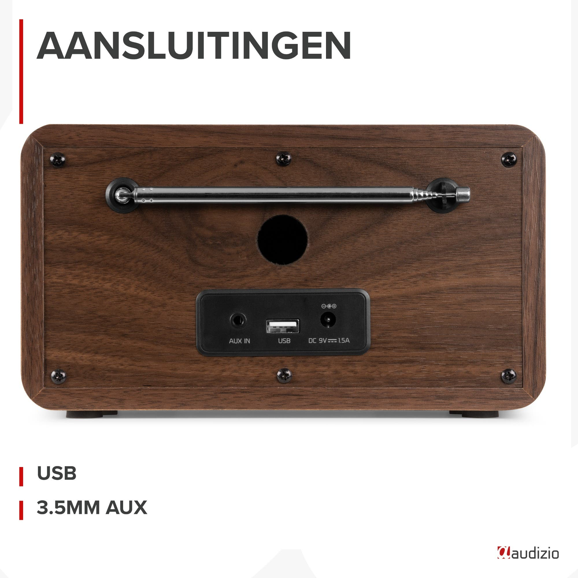 Arrière de radio en bois avec ports USB, AUX et DC, et antenne rétractable.
