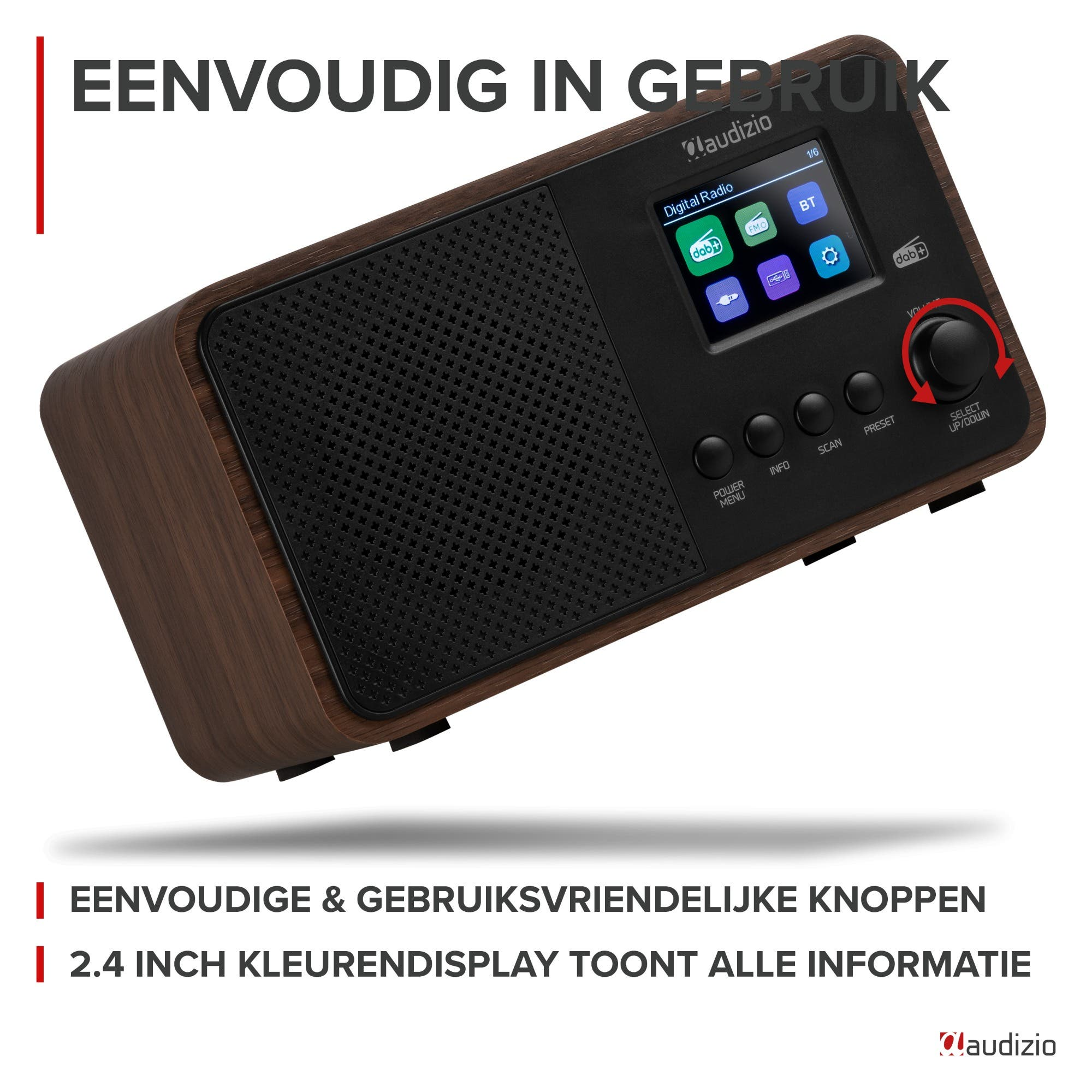 Radio en bois avec grille de haut-parleur noire et écran couleur.
