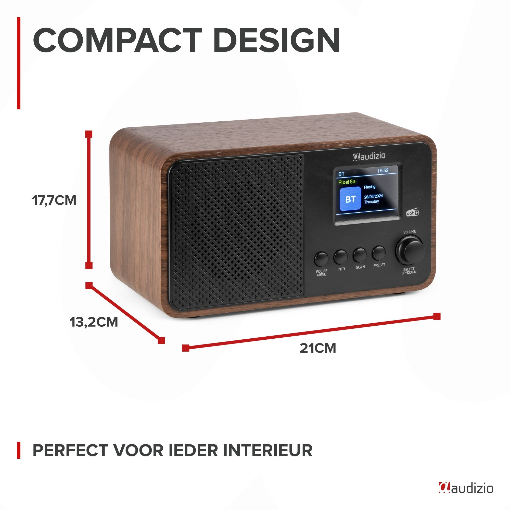 Une radio en bois marron avec un haut-parleur noir et un écran numérique.