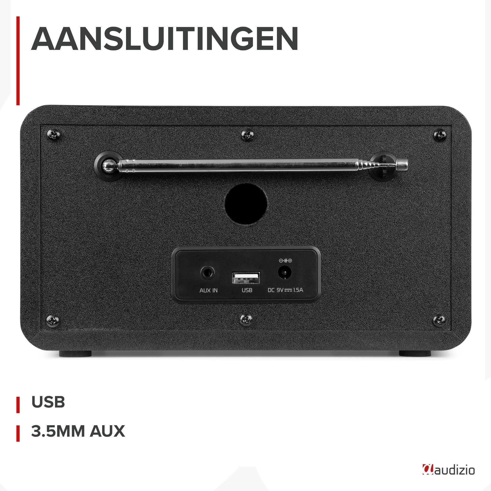 Vue arrière d'un haut-parleur noir avec ports AUX, USB, CC et antenne rétractable.