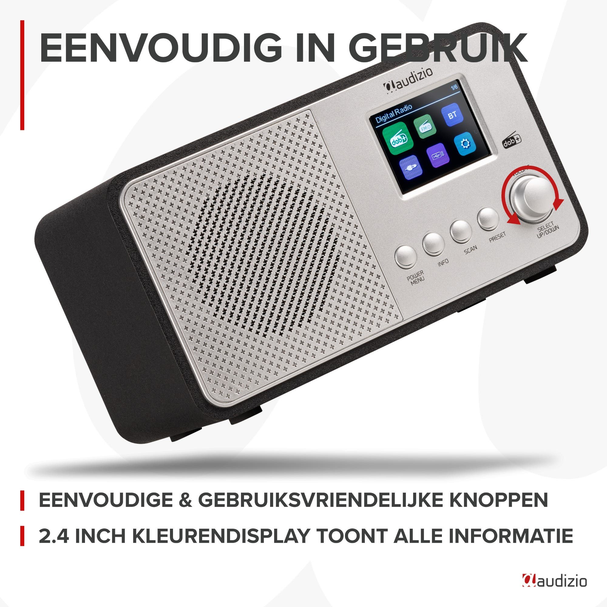 Une enceinte radio numérique argentée avec écran et boutons.