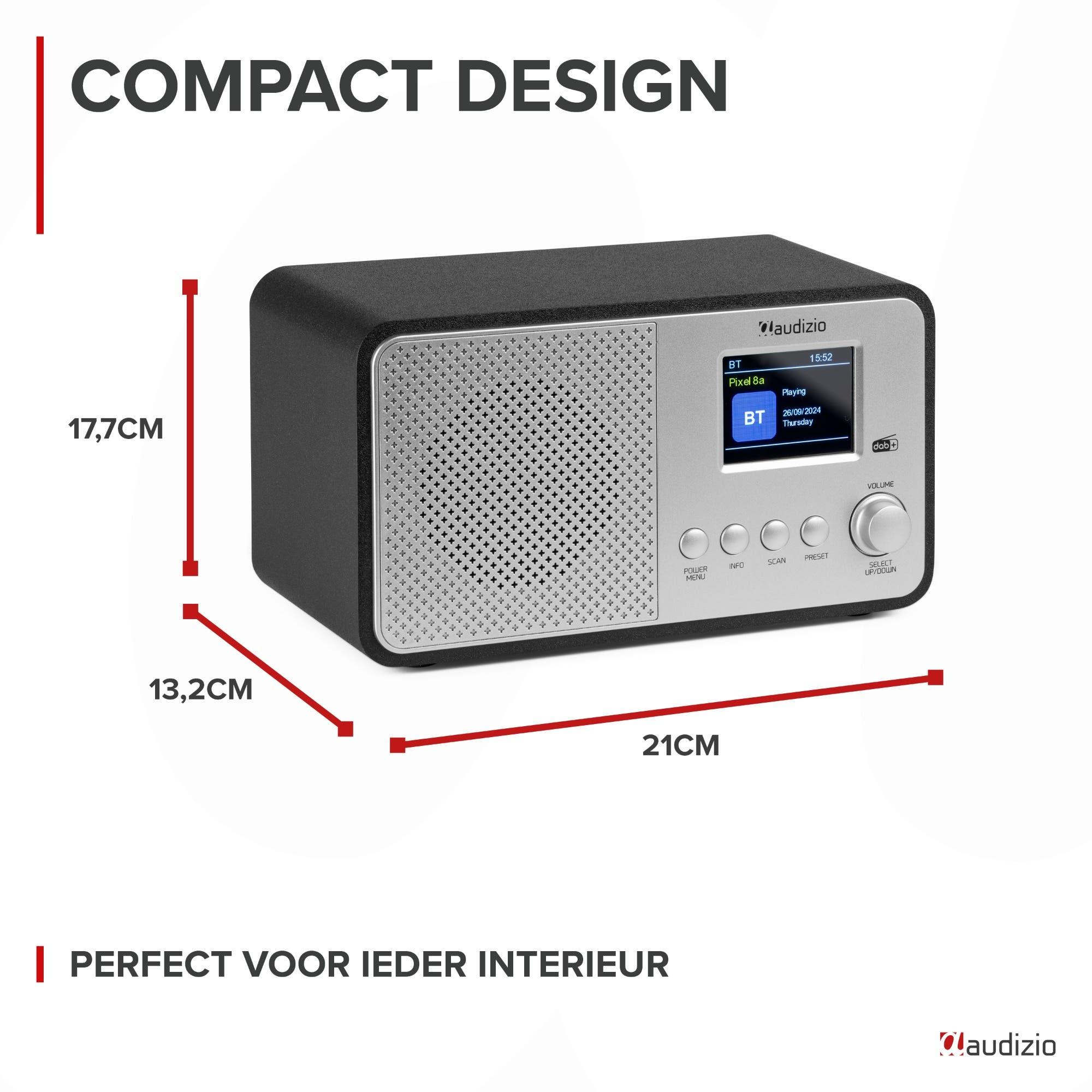 Une radio noire compacte avec des commandes et un écran argentés, montrant les dimensions.