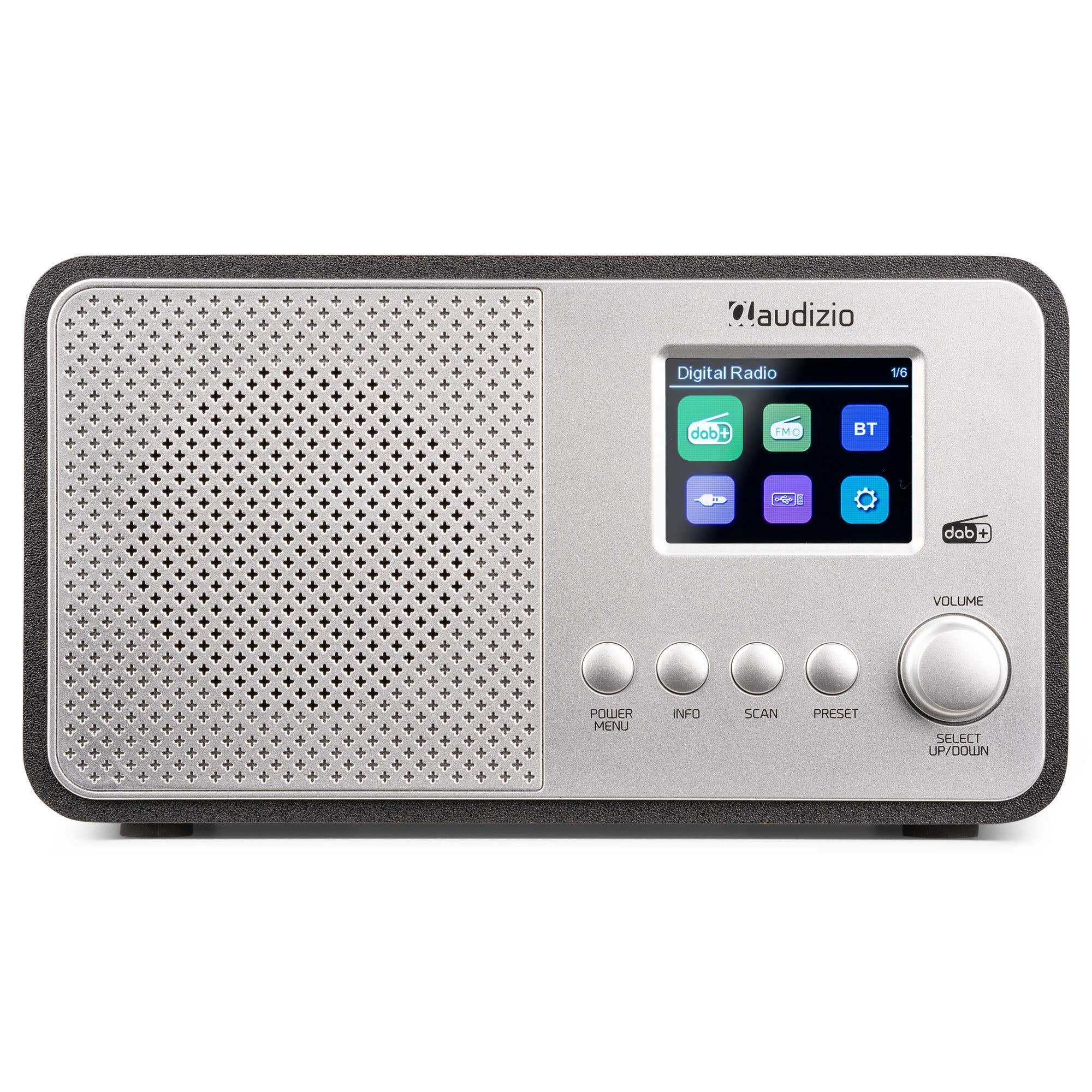 Une radio numérique argentée avec grille de haut-parleur, écran et boutons de commande.