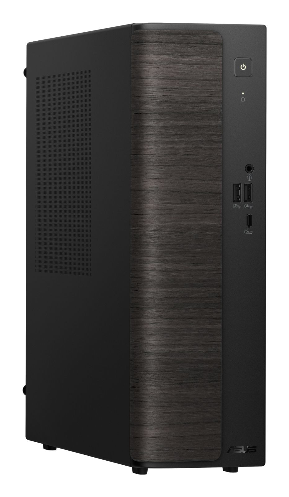 Tower PC nero con pannello frontale effetto legno, porte USB e pulsante di accensione.