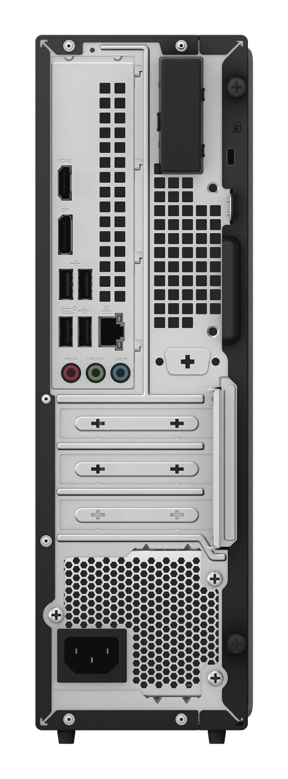 Retro di un PC nero con varie porte: HDMI, USB, audio e connessioni di alimentazione.