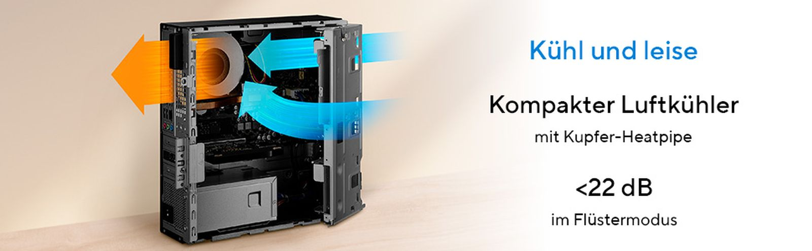 Case PC con frecce che mostrano il flusso d'aria. Fresco e silenzioso.