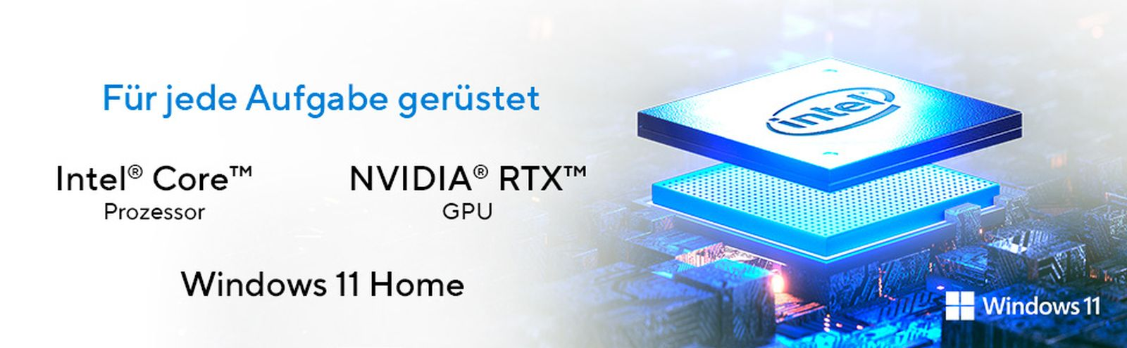 Processore Intel, GPU Nvidia e Windows 11 Home su un circuito.