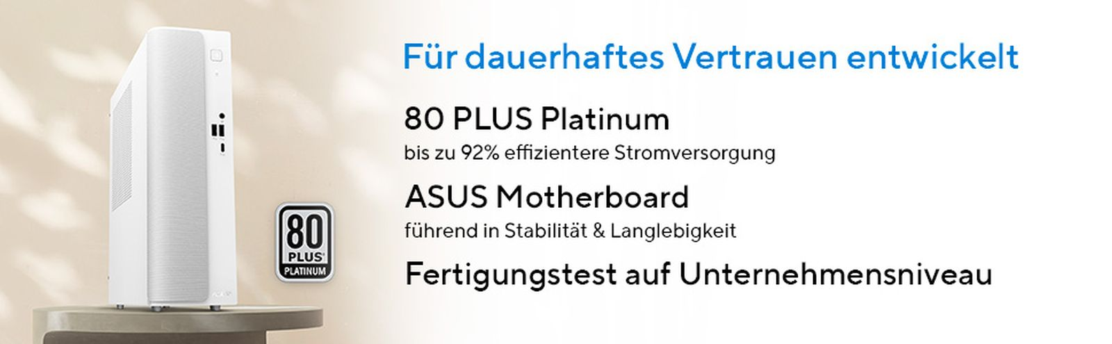 Un case PC bianco con badge 80 PLUS Platinum e testo.
