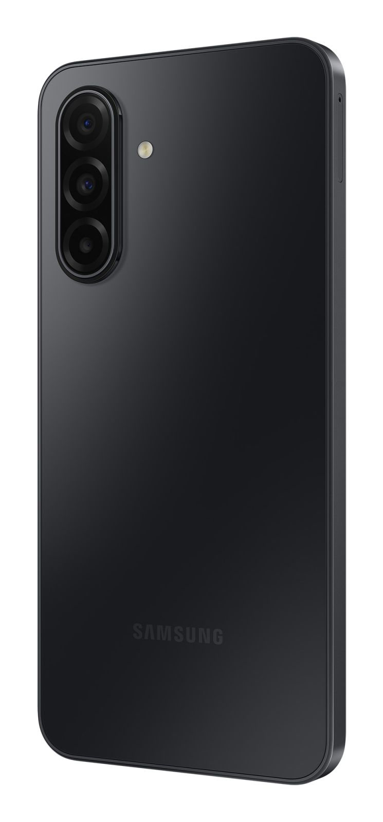 Smartphone Samsung nero con tre fotocamere e un flash.