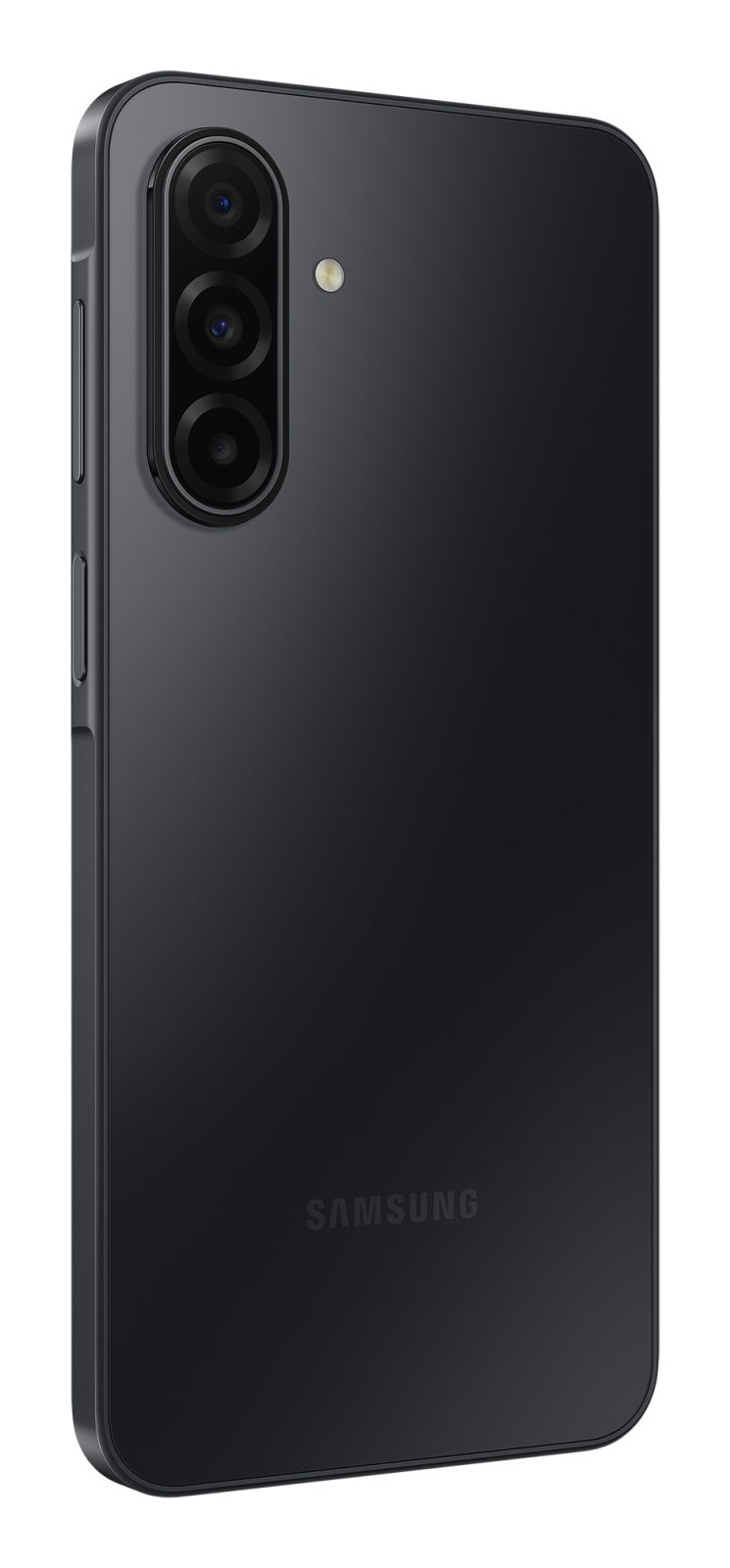 Vista posteriore di uno smartphone Samsung nero con tre fotocamere e flash.