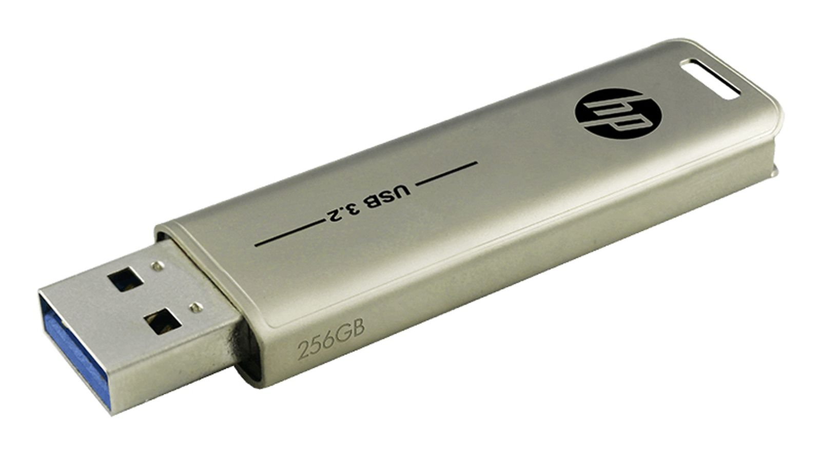 Chiavetta USB HP 3.2 argento da 256 GB, su sfondo bianco.