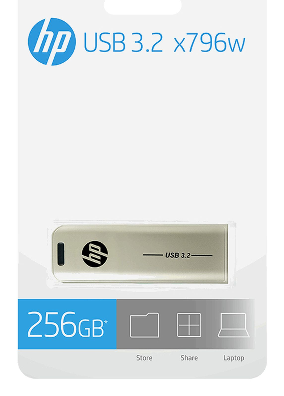 HP USB 3.2 x796w, chiavetta USB da 256GB con logo HP, argento.