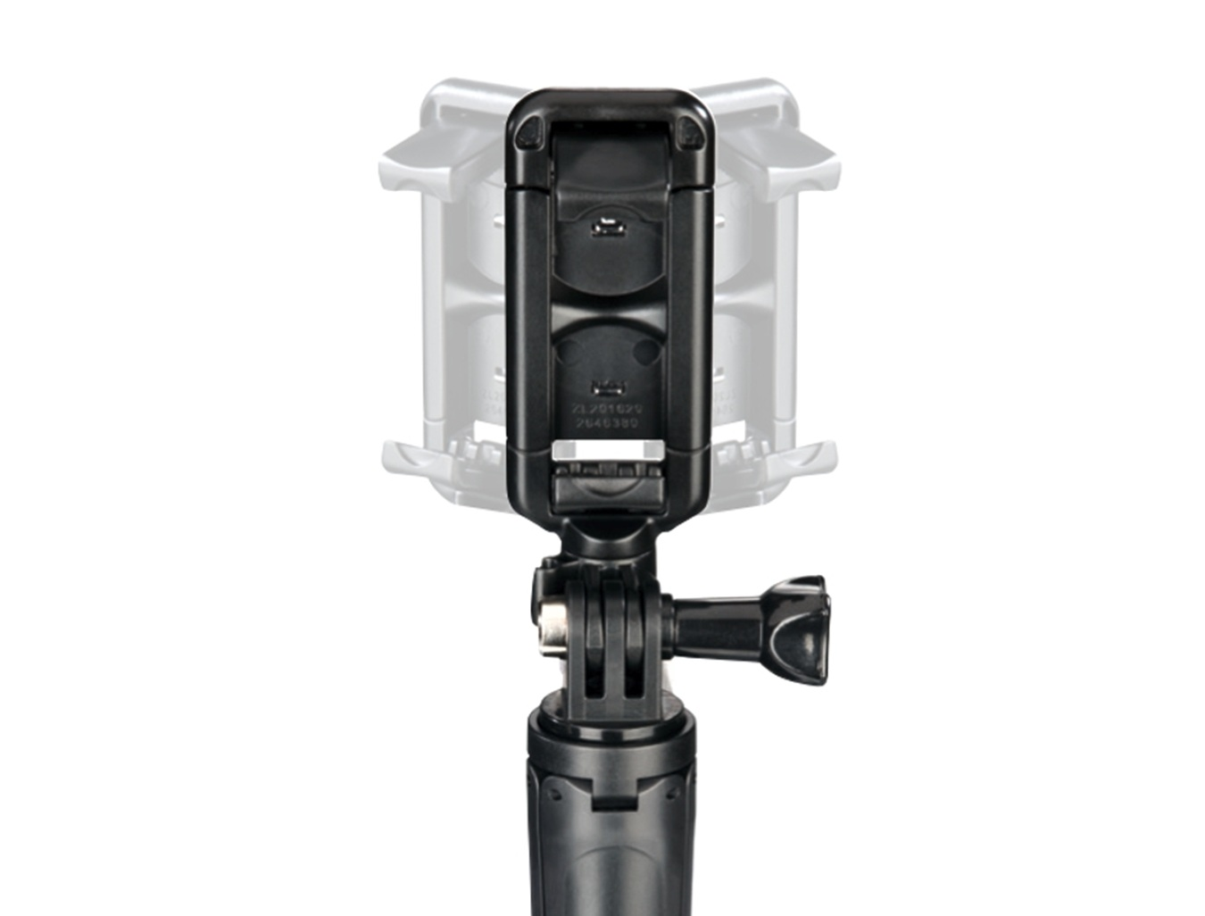 Un supporto per fotocamera nero con un supporto tenue sullo sfondo.