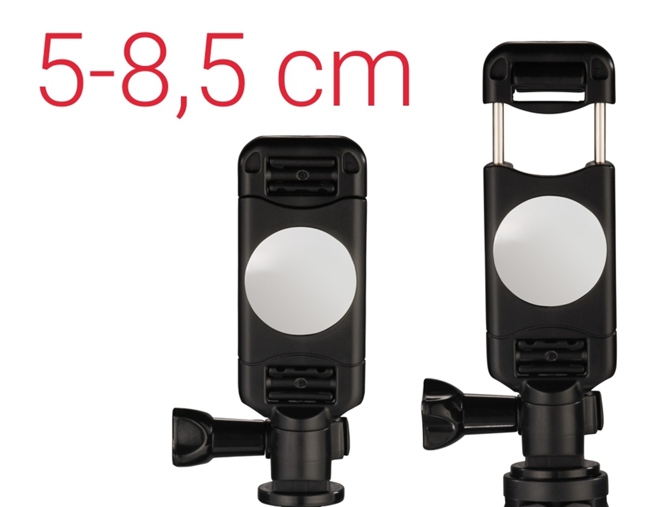 Due supporti neri per telefono, uno leggermente sfalsato. Testo: 5-8,5 cm.