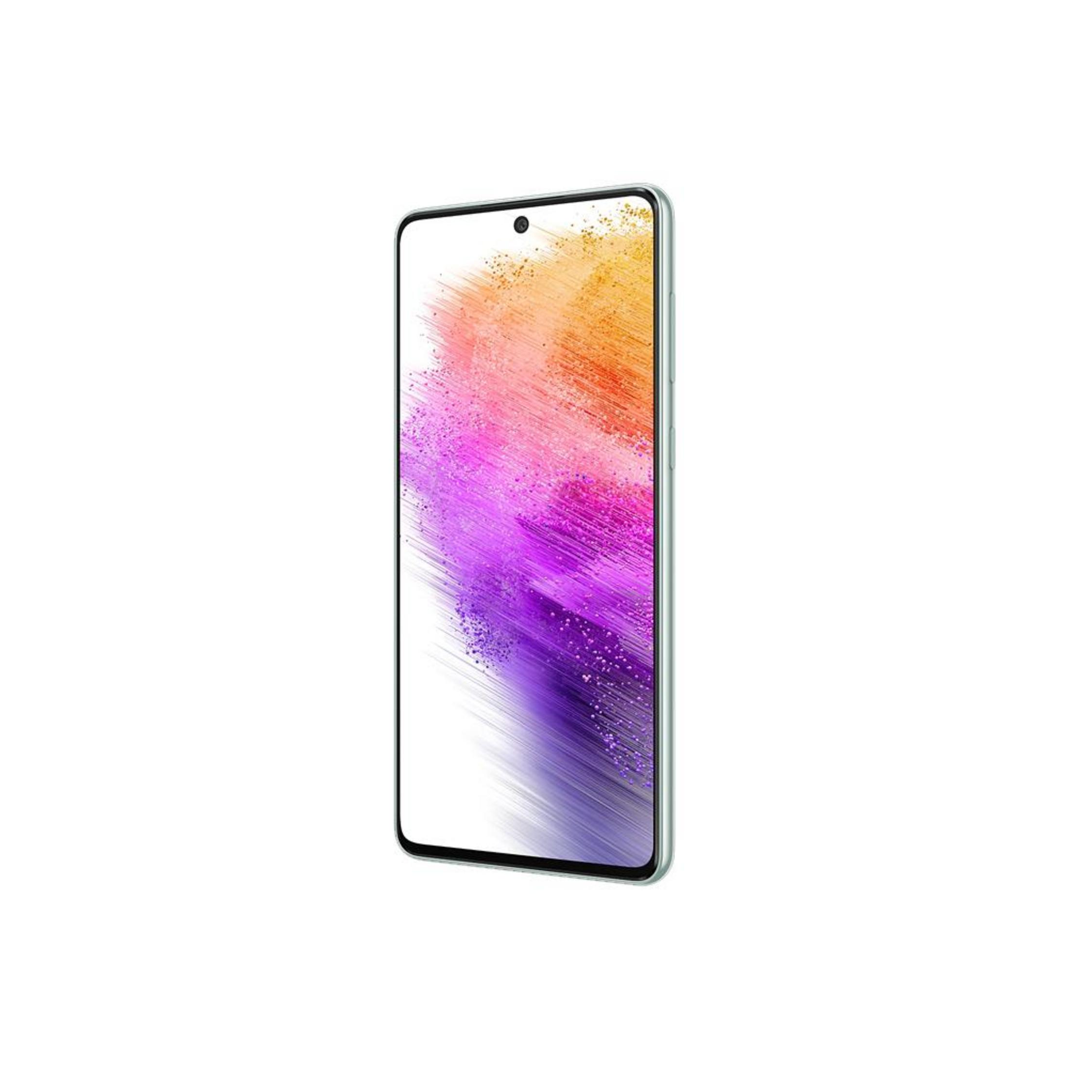Beyaz arka plan üzerinde renkli ekranlı açık yeşil bir akıllı telefon.