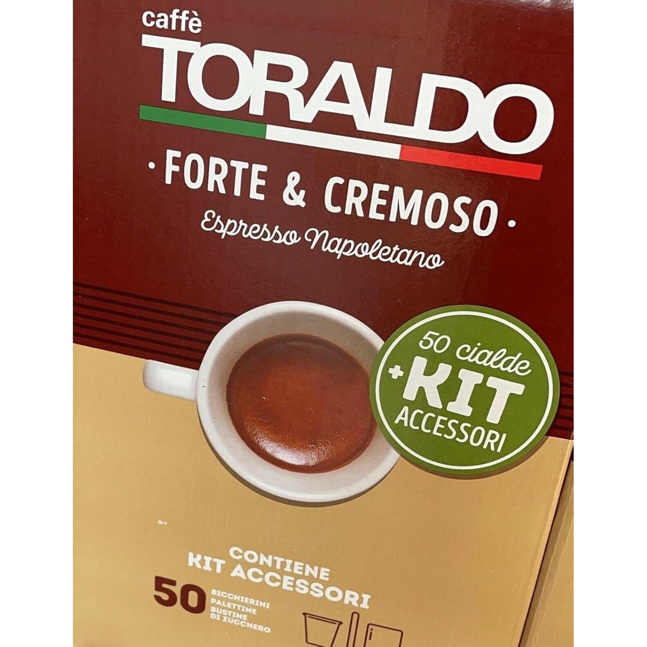 Confezione di caffè Toraldo con tazzina di espresso e accessori.