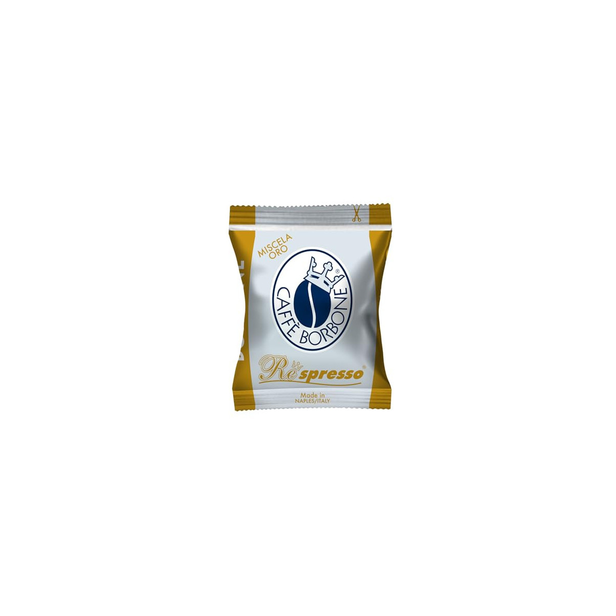 Pacchetto di caffè oro e bianco con logo Caffè Borbone.