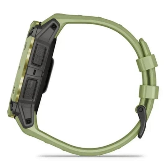 Grüne Smartwatch mit dunklen Knöpfen und goldenen Akzenten auf dem Zifferblatt.
