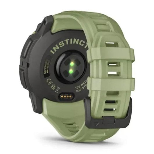 Rückansicht einer grünen Smartwatch mit Herzfrequenzsensoren und "INSTINCT"-Text.