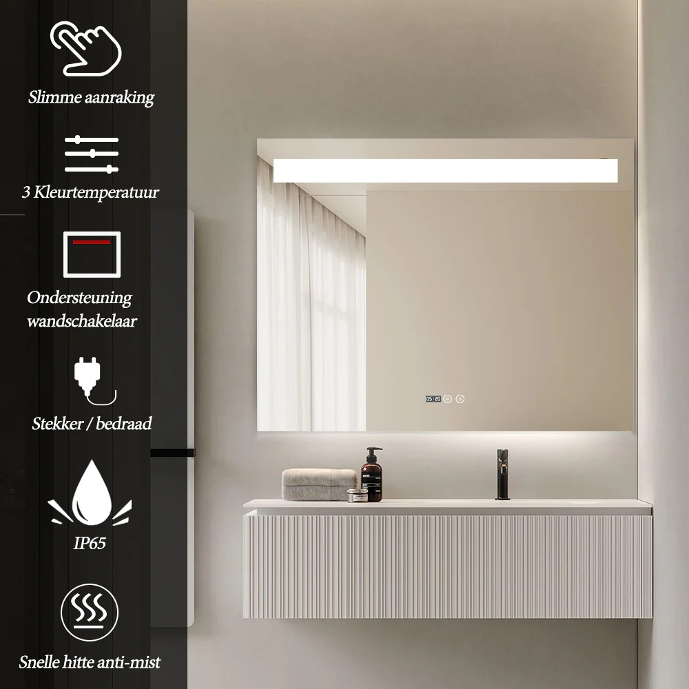 Modern bathroom mirror with integrated lighting, touch control, and clock display.