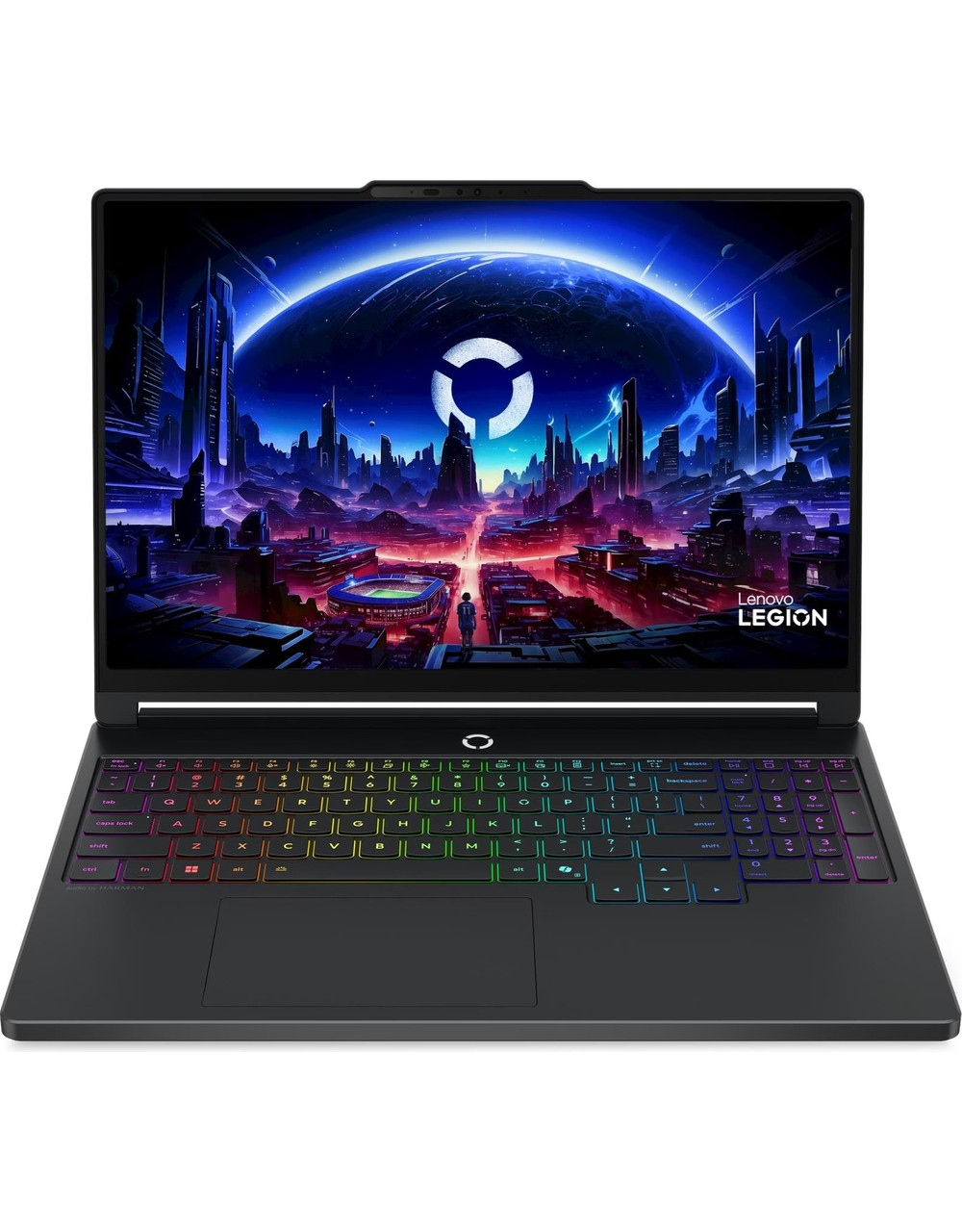 Renkli klavyeli siyah Lenovo Legion dizüstü bilgisayar ve fütüristik duvar kağıdı.