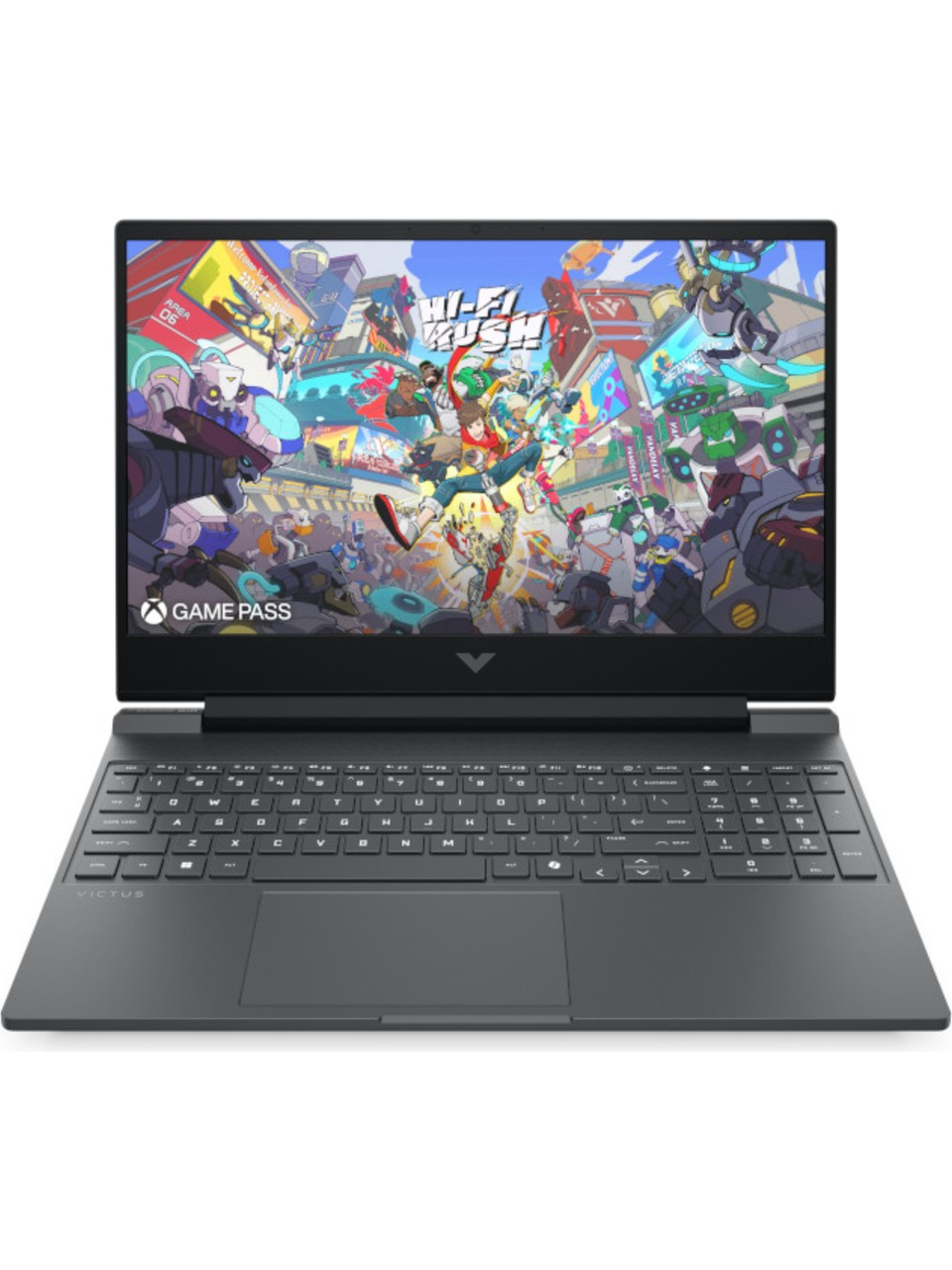 Koyu renkli bir dizüstü bilgisayar, 'Hi-Fi Rush' oyununu gösteren canlı bir ekran sergiliyor.