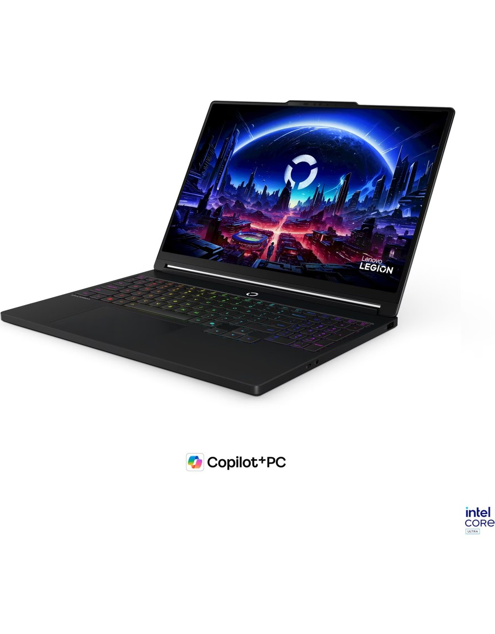 Renkli klavyeli siyah Lenovo Legion dizüstü bilgisayar, ekranda fütüristik şehir manzarası.