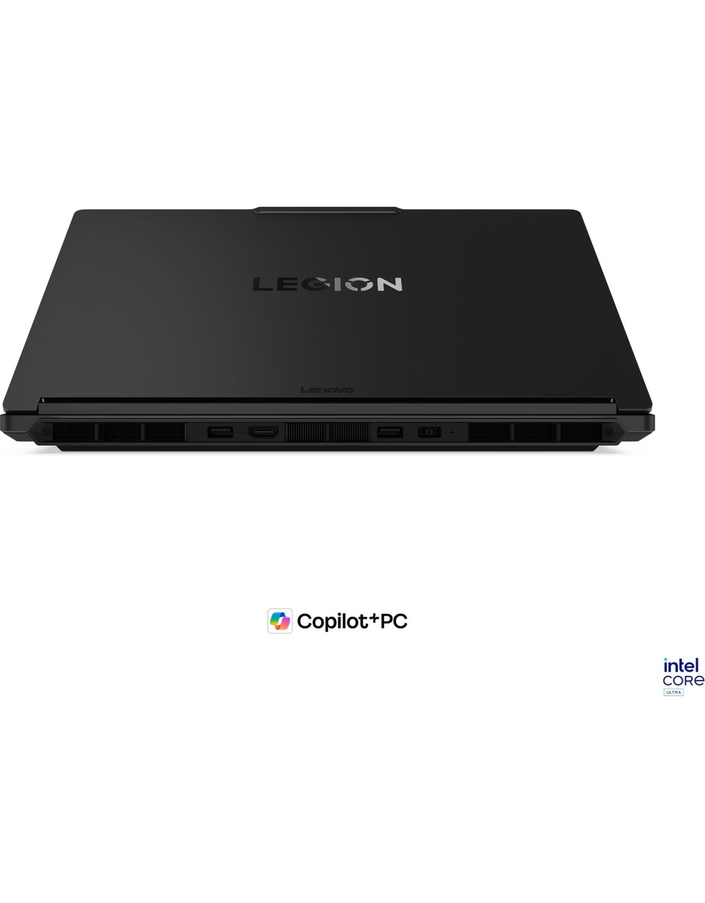 Intel Core Ultra logosu ve Copilot+ PC yazılı siyah Lenovo Legion dizüstü.