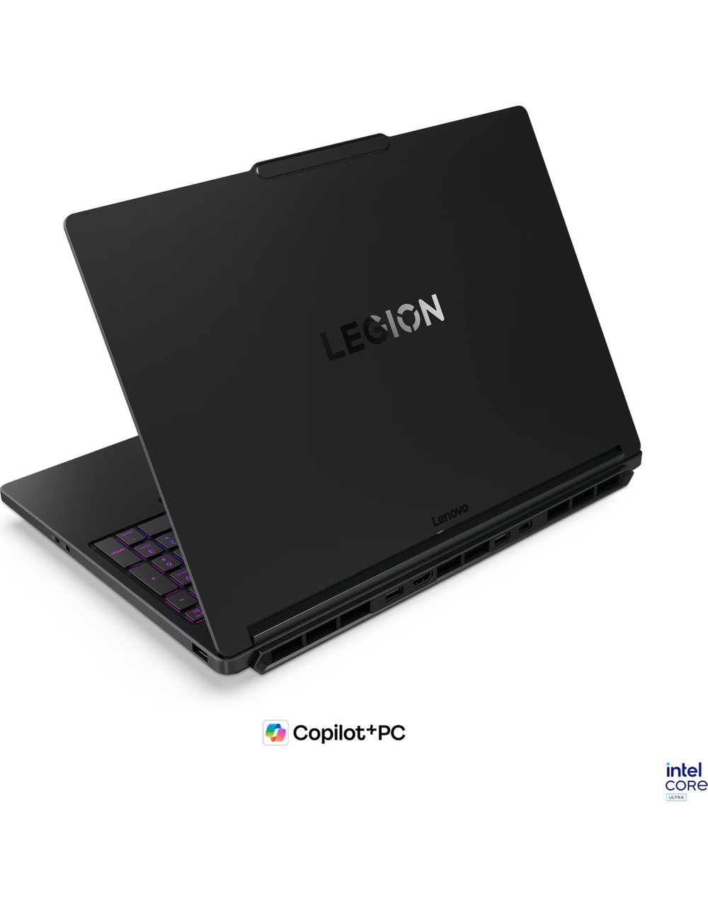 Arkadan aydınlatmalı klavyeli siyah Lenovo Legion dizüstü bilgisayar, açık görünüm.