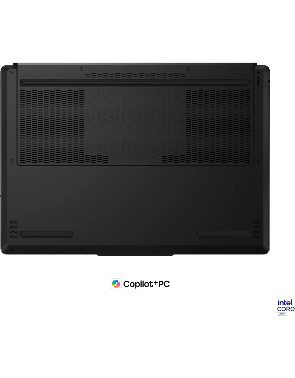 Havalandırma deleri ve Intel Core Ultra logosu bulunan siyah dizüstü bilgisayarın altı.