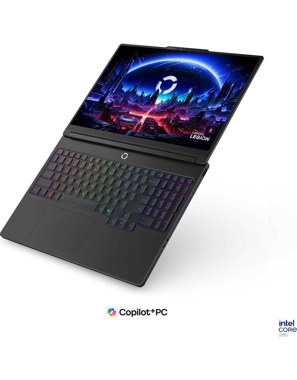 RGB klavyeli ve fütüristik ekranlı siyah Lenovo Legion dizüstü bilgisayar.