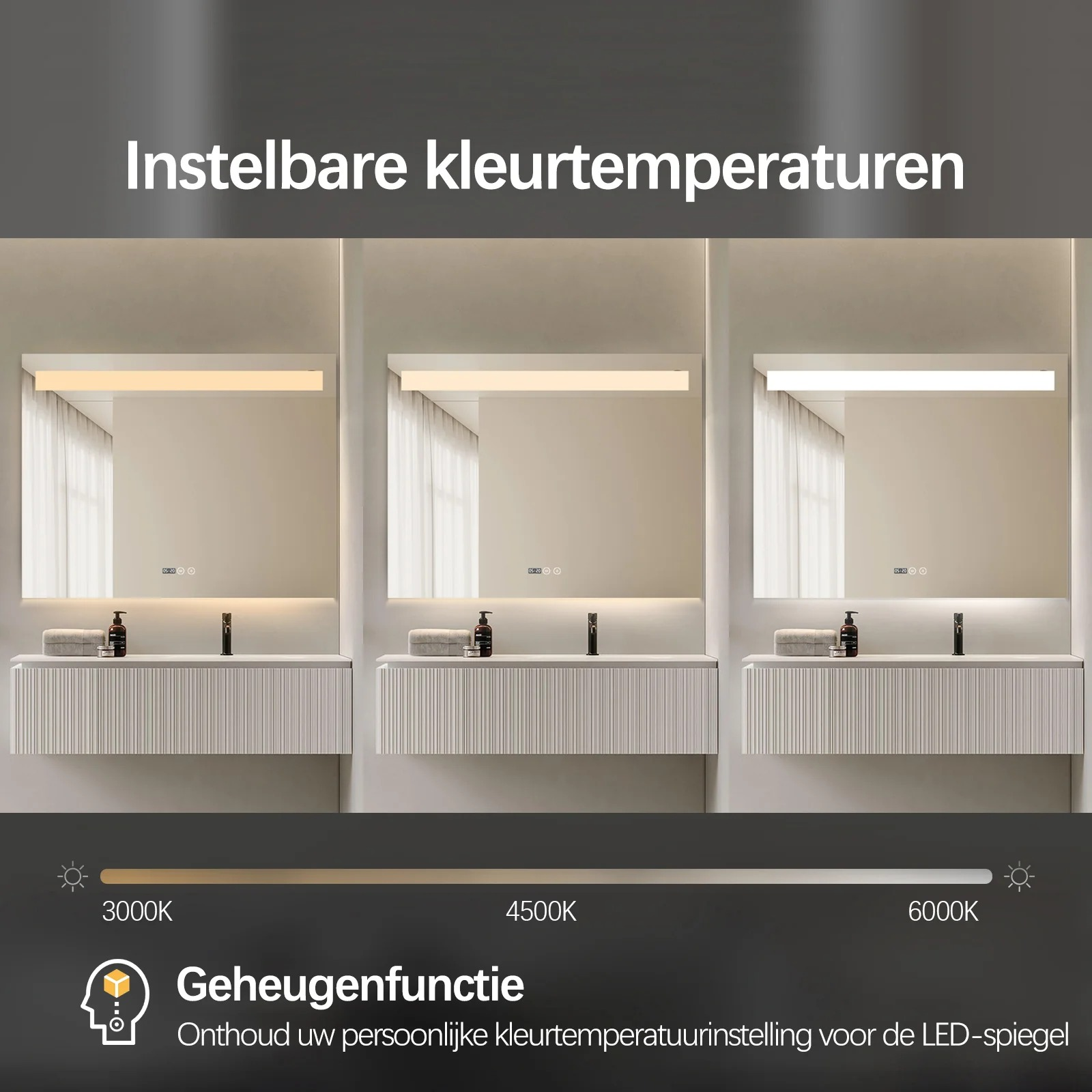Bathroom mirror with adjustable color temperature: 3000K, 4500K, 6000K.
