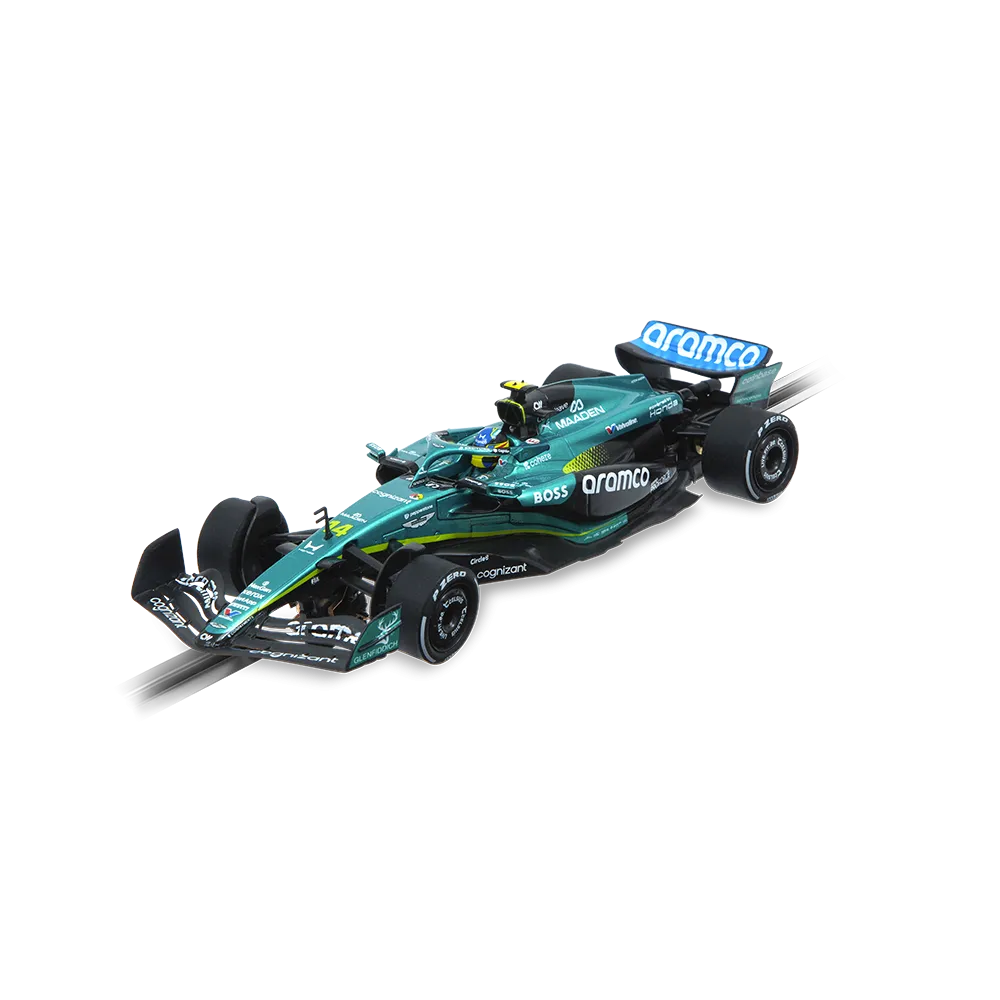 Un coche de carreras de Fórmula 1 verde, número 14, sobre fondo negro.