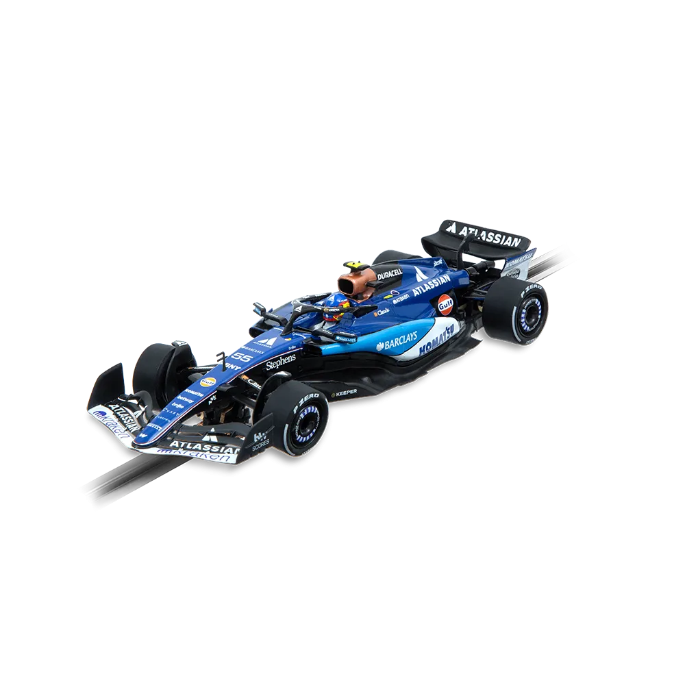 Un coche de carreras de Fórmula 1 azul con detalles blancos y negros corre sobre fondo negro.