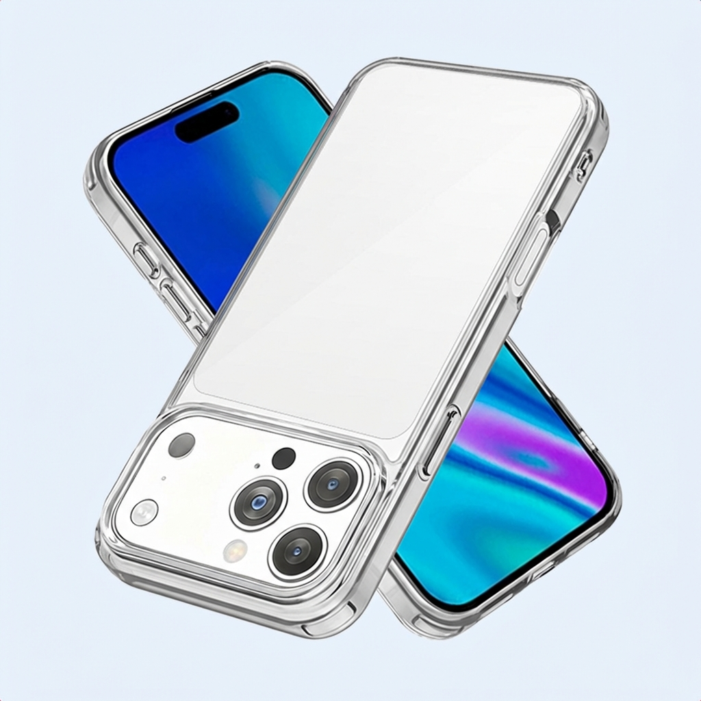 Dos fundas de teléfono transparentes con sistemas de cámara sobre fondo azul claro.